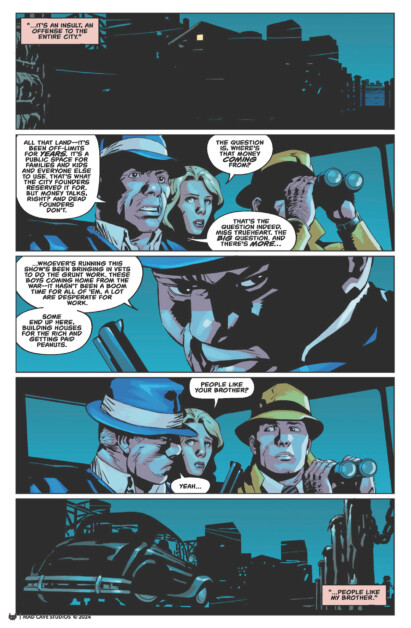 Three people, two men wearing hats and a woman, are looking at a cityscape at night. One man uses binoculars, and they discuss a mysterious situation involving criminal activities.