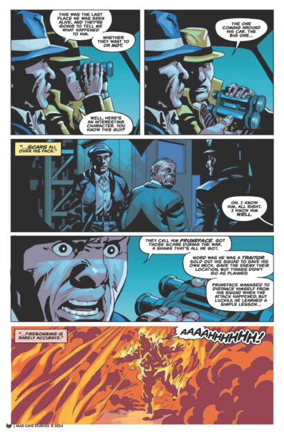 A comic strip showing a man in a hat using binoculars, discussing a mission with others involving a traitor named "Bruteface". The final panel depicts a fiery explosion with a scream, "AAAHHHHH!.