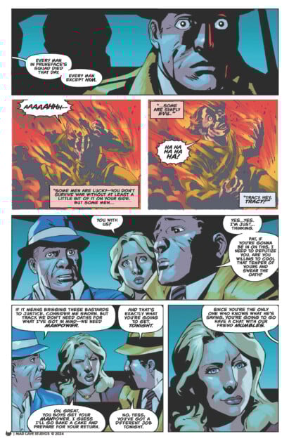 A comic book page shows a dramatic conversation between several characters. One man, depicted with a red-lit face, reacts in shock, while others discuss actions and motivations, referencing betrayal.