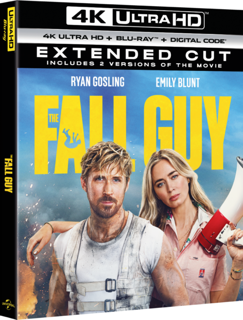 Cover of the 4K Ultra HD release for the movie "The Fall Guy" featuring Ryan Gosling and Emily Blunt with an ocean backdrop.