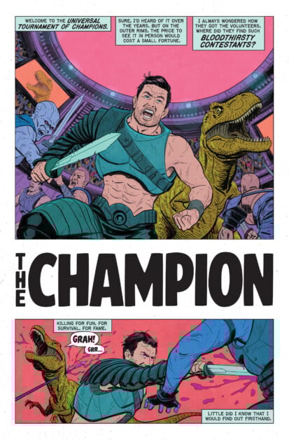 Comic book page featuring a muscular man in gladiator gear fighting dinosaurs in an arena. Text boxes include dialogues about the Universal Tournament of Champions and the man's perception of it.
