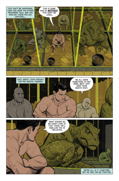 Comic panel depicting humans and humanoid creatures in separate cells. One human says they're wrongly imprisoned. Another advises staying quiet while a reptilian creature mentions they can't be trusted.