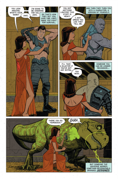 A woman in a red dress speaks with a man and a gray-skinned figure. The man is topless, holding a weapon. She then interacts with a green dinosaur, saying "There you go, gorgeous." The dinosaur growls.