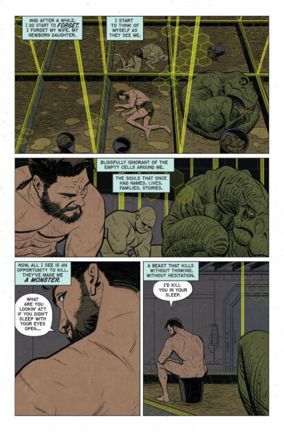 A man in a cell reflects on losing himself and being seen as a monster. He is portrayed in various stages of introspection and despair, with text explaining his inner turmoil.