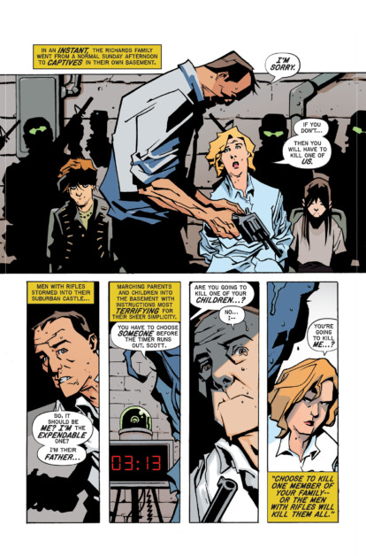 A comic book page depicting a family held captive in a basement by armed men. One man apologizes while pointing a gun. A timer reads 3:13. The dialogue involves threats to kill family members.