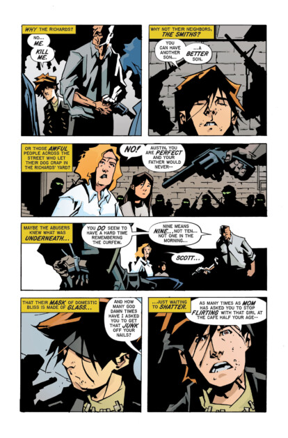 Comic book page with six panels. Characters are having an intense conversation about family and expectations. A boy expresses frustration and a man and woman respond with concern and advice.