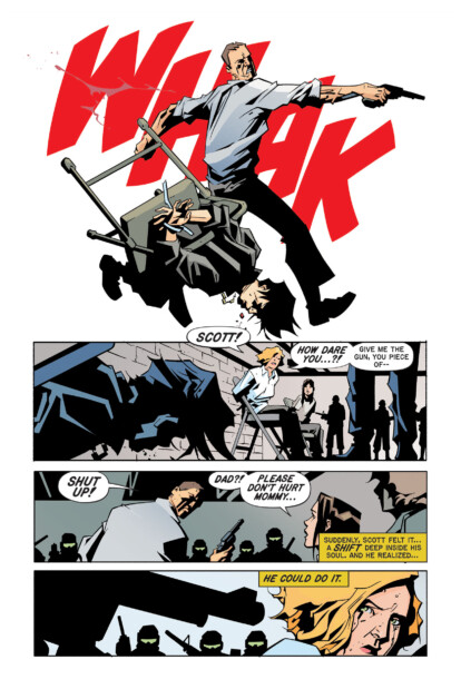 A comic strip showing a man attacking another man with a gun. A woman and a child plead with him to stop. The final panel shows a boy realizing he can intervene.