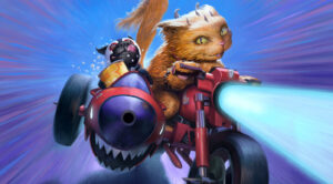 A cat and a dog ride a red, futuristic motorcycle with a sidecar. The motorcycle emits a bright blue light from its front. Both animals appear to be moving at high speed, with a blue background.