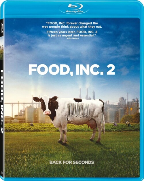 Blu-ray cover of "Food, Inc. 2" featuring a cow with a barcode on its side, standing in a field with industrial background and the tagline "Back for Seconds.