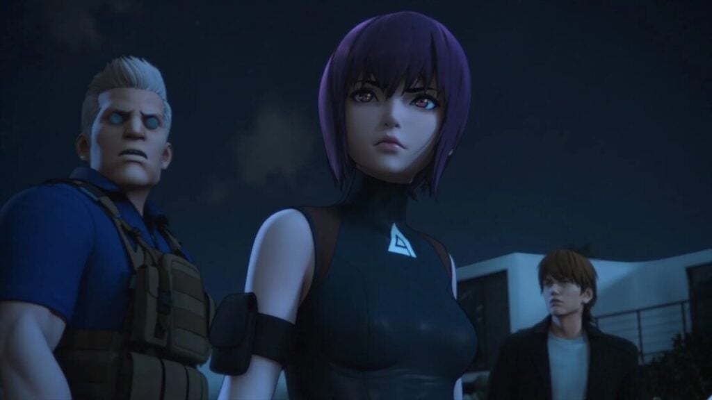 Three animated characters stand outdoors at night, a woman with purple hair in the center, a man with short grey hair on the left, and a man with brown hair and a dark suit on the right.