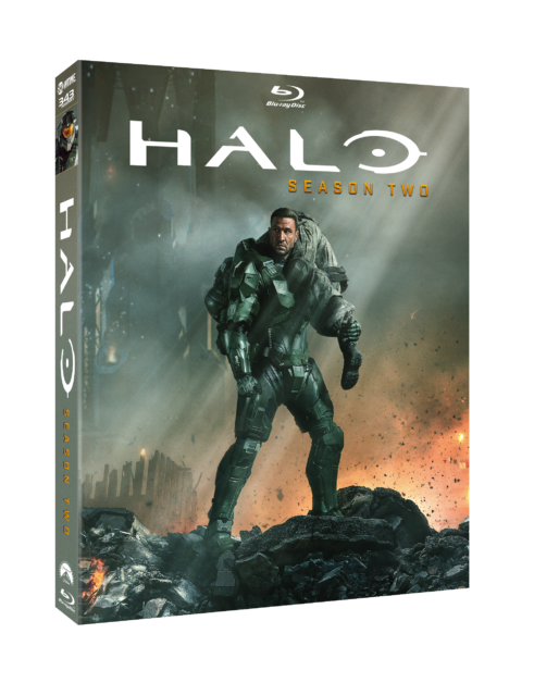 Blu-ray cover of "Halo: Season Two" featuring an armored character carrying another person against a dramatic, fiery background.