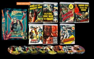 Image showing the "Tales of Adventure" DVD collection featuring 9 DVDs of vintage sci-fi movies. The DVD covers display colorful, action-packed illustrations related to outer space themes and adventures.