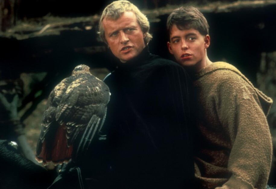 Two medieval-dressed men, one holding a hawk on his arm, sit closely on a horse. The background is blurred, suggesting an outdoor setting.