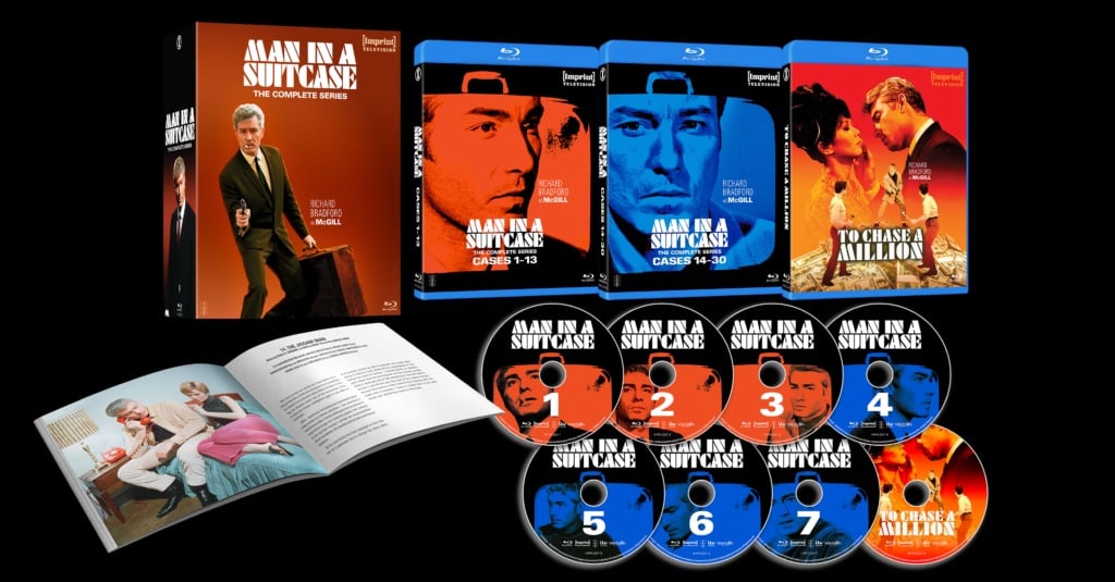 Cover art of "Man in a Suitcase: The Complete Series" DVD collection. Includes 9 discs, individual case covers, and a booklet.