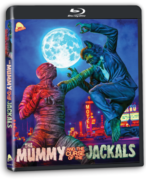Blu-ray cover for "The Mummy and the Curse of the Jackals" depicting a mummy and a werewolf-like creature fighting in front of a neon-lit street under a full moon.