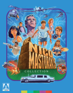 Cover art for "The Nico Mastorakis Collection" showing various action-packed scenes with characters, helicopters, explosions, and a limo against a blue background. Arrow Video logo at the bottom left.