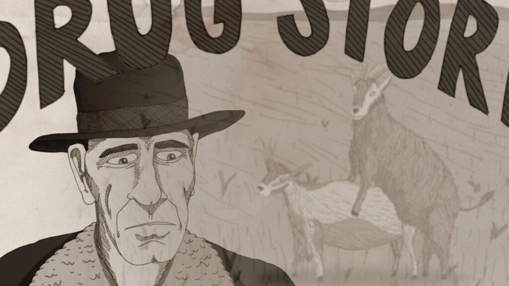 A grayscale drawing depicts a man with a hat and a coat, standing in front of a partially obscured "DRUG STORE" sign with two goats in the background.