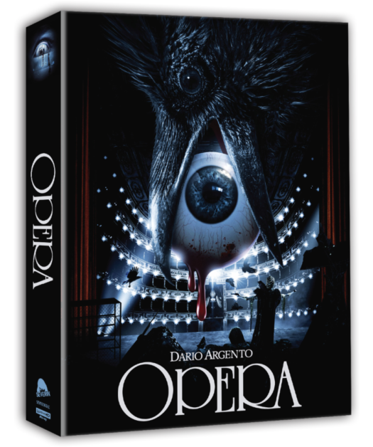 Cover art of the movie "Opera" by Dario Argento, featuring a large raven's head over an open eye with blood and an opera house in the background. The title "Opera" is prominently displayed at the bottom.