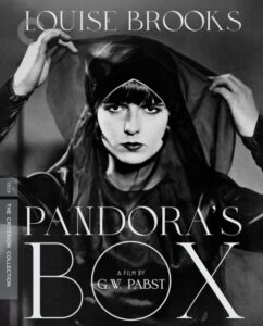 Black and white film poster for "Pandora's Box," featuring a woman with short dark hair adjusting her sheer headscarf. Text includes "Louise Brooks," "A film by G.W. Pabst," and "The Criterion Collection.
