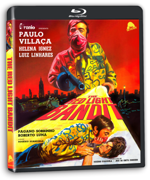 Blu-ray cover of the film "The Red Light Bandit" featuring a masked man holding a gun, with portraits of Paulo Villaça, Helena Ignez, and Luiz Linhares above a dramatic painted scene.