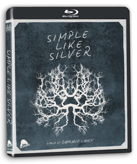 Blu-ray disc cover for the film "Simple Like Silver," directed by Damian K. Lahey. The cover features a white, tree-like fractal design on a dark blue background.