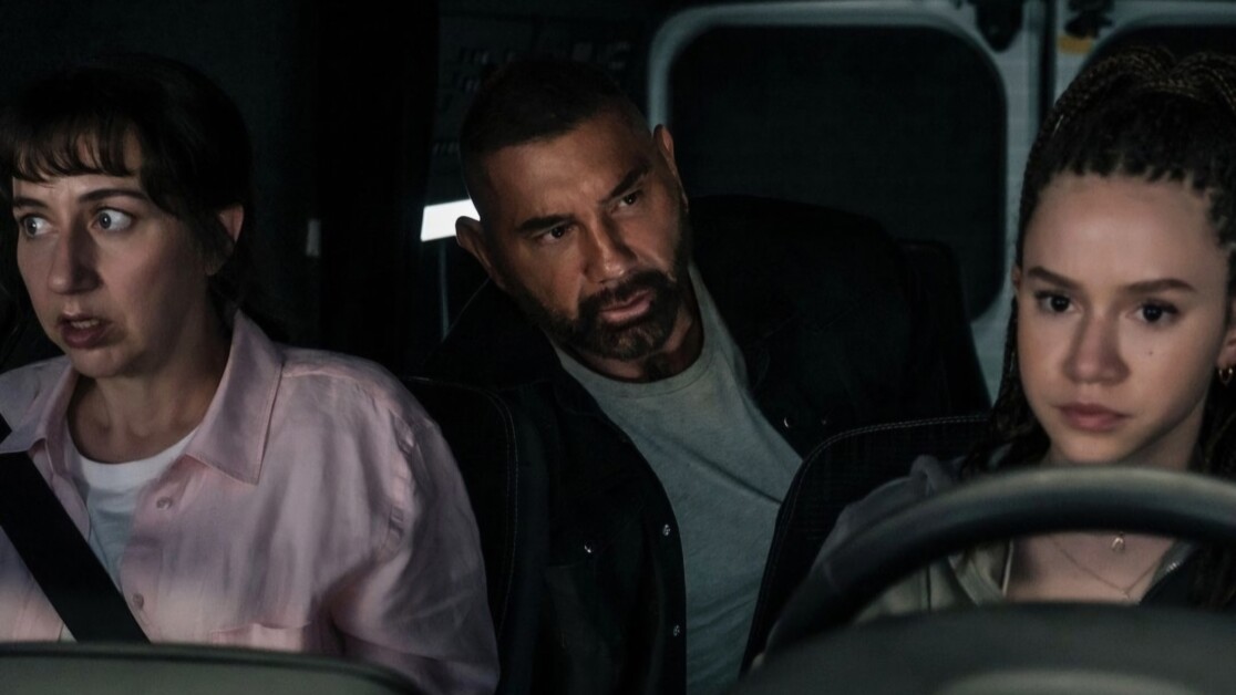 Dave Bautista, Kristen Schaal, and Chloe Coleman in My Spy the Eternal City (2024) | Image via Amazon Studios