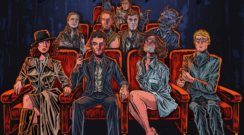 An illustration of nine people seated in a dark theater. The front row features five characters in various outfits, some holding weapons. The background shows four more individuals, one resembling a werewolf.