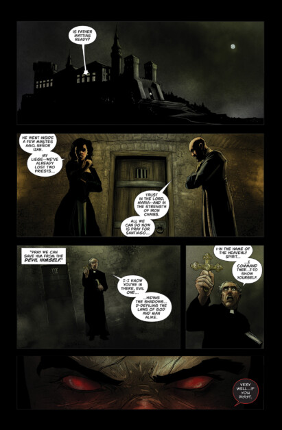 A dark castle under a full moon. Two figures converse outside a door discussing Catholic intervention. A man holding a cross confronts demonic red eyes in darkness. Text bubbles provide dialogue.