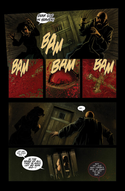 Comic panel showing intense scene: Figures react in fear as loud "BAM" noises emanate from a door. Blood splatters seen. Dialogue expresses alarm and urgency about "son of God." A face appears through a window.
