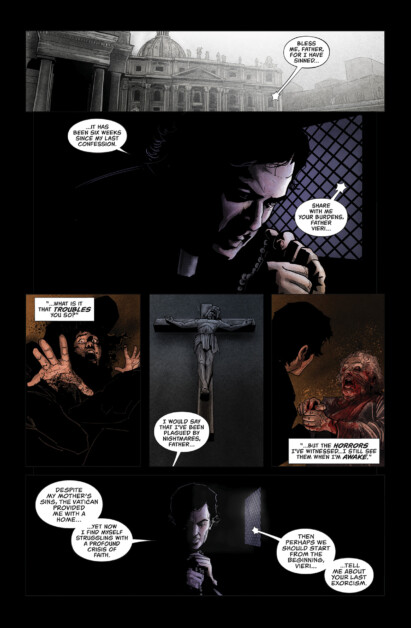 A priest, in a dark room holding a cross, converses with someone about sin and exorcism. The other person describes witnessing horrors and expresses doubt about their faith.
