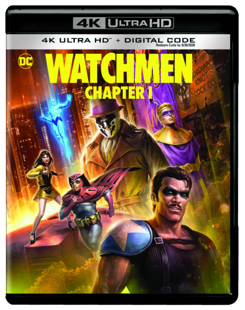 Cover of "Watchmen Chapter 1" in 4K Ultra HD + Digital Code, featuring illustrated characters in superhero costumes against a vibrant cityscape background.