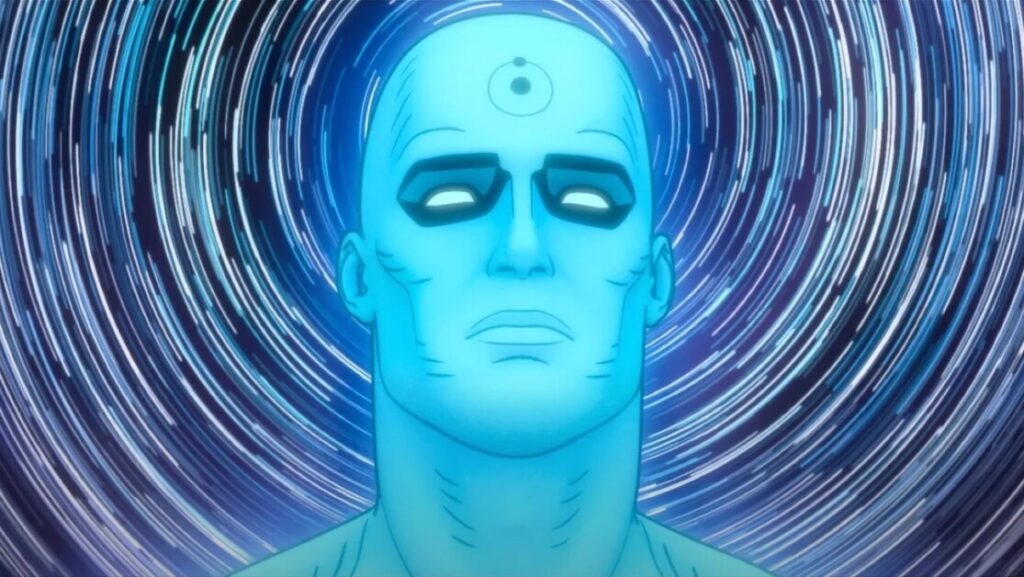 An illustration of a glowing blue humanoid with a circle symbol on its forehead, set against a background of concentric circular patterns.