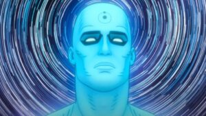 An illustration of a glowing blue humanoid with a circle symbol on its forehead, set against a background of concentric circular patterns.