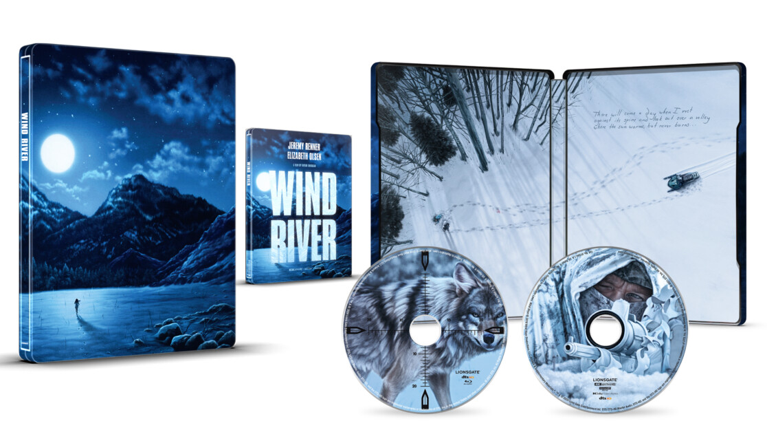 Wind River" special edition Blu-ray set featuring a steelbook case with snowy mountain artwork, two Blu-ray discs with wolf and man designs, and a booklet.