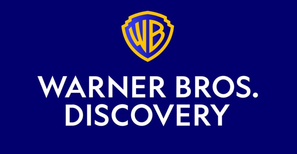Warner Bros. Discovery logo featuring the yellow "WB" shield above the company name written in white text on a blue background.