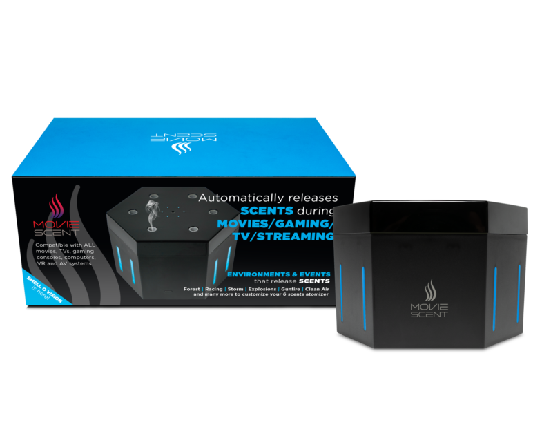 A black and blue device with the text "Move Scent" and its packaging that advertises automatic scent release during movies, gaming, and TV/streaming.