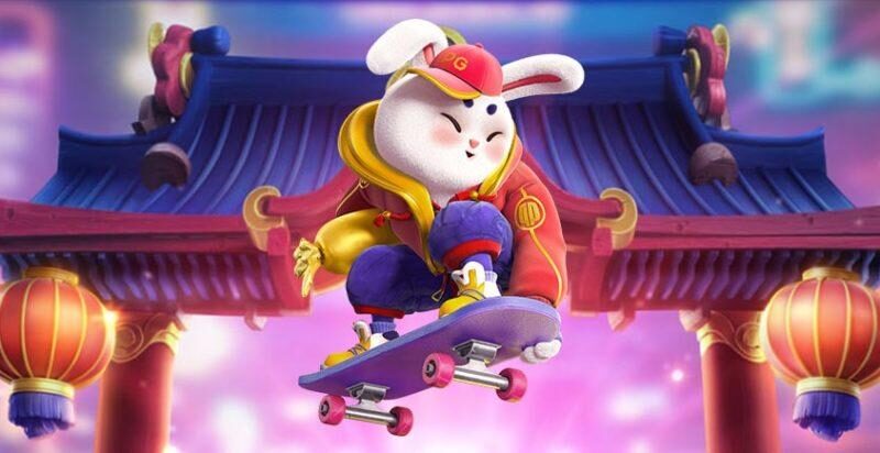 A cartoon white rabbit wearing a hoodie, baseball cap, and sneakers rides a skateboard in front of an ornate gate with red lanterns. The background is a colorful, blurred scene.