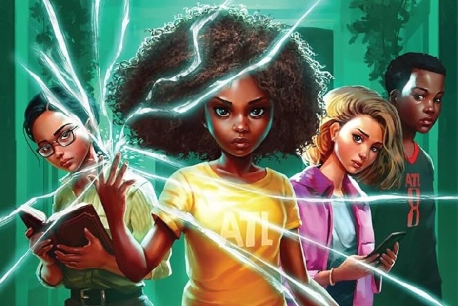 Four youths stand together, each displaying unique traits: one holds a book, another has glowing powers, a third person is using a phone, and the fourth wears a sports shirt. Lightning bolts appear around them.