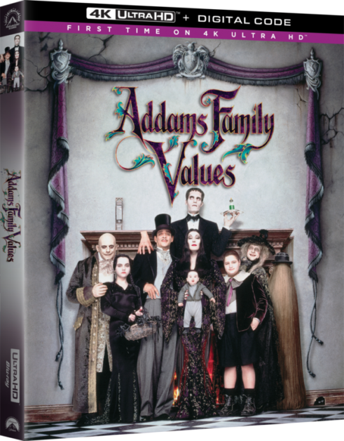 Cover art of the 4K Ultra HD release for "Addams Family Values" featuring the Addams family characters standing and sitting in front of a gothic backdrop.
