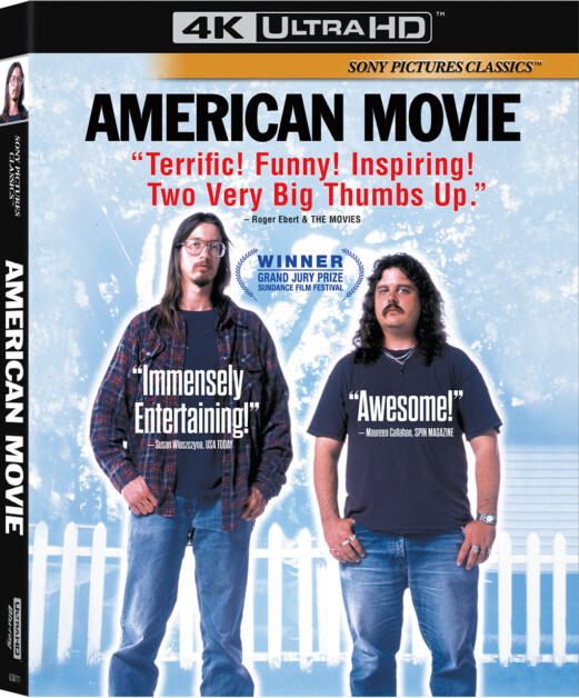 Cover image of the 4K Ultra HD edition of "American Movie" featuring two men standing, with praise quotes and a Grand Jury Prize winner badge.