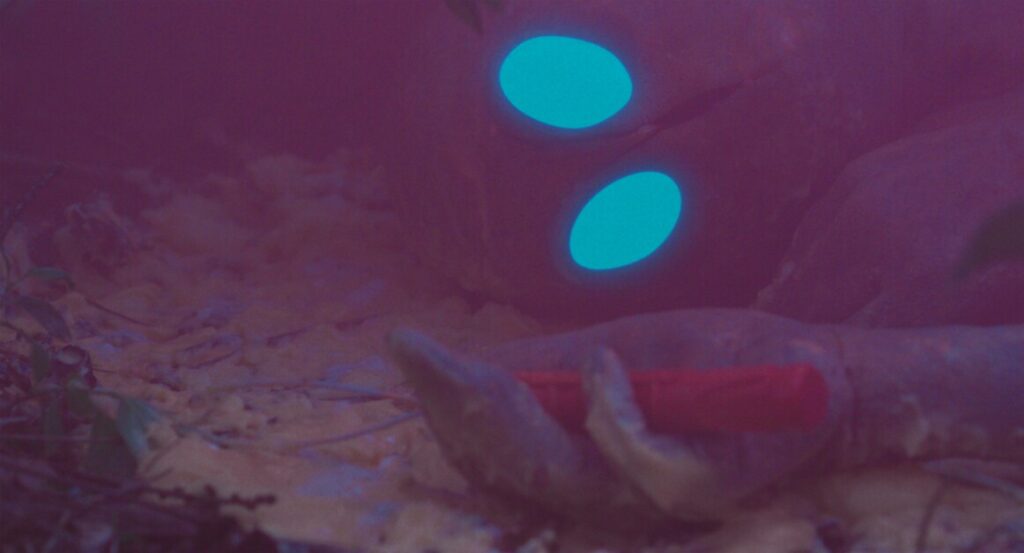 A figure with glowing blue eyes lies in fog, holding a red object. The scene is dark and obscured by mist.