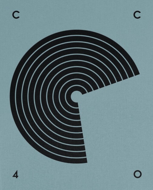 A teal background with a black concentric circle design interrupted by a wedge shape. The letters "C" and "O" are at the top corners and the number "4" at the bottom left.