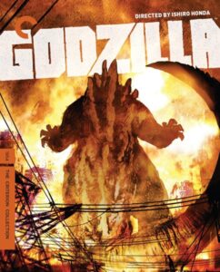 A poster of the 1954 film "Godzilla," showing the silhouette of Godzilla amidst flames and destruction. The Criterion Collection logo is present on the left side. Directed by Ishiro Honda.