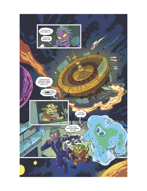 Comic page featuring aliens in space with a large roulette wheel. An alien says, "It's just me. Is your consciousness ready to jump ship?". Another alien panics, saying, "I'm the one still inside the game!.