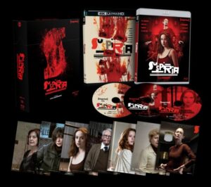 Image of the Italian horror film "Suspiria" in 4K Ultra HD and Blu-ray. The package includes multiple discs and character cards with images of various actors from the film.