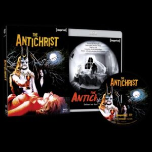 DVD set of "The Antichrist" featuring a cover with a demonic figure holding a woman's body, the DVD disc, and the cover art displaying a girl in bed with a shadowy figure in the background.