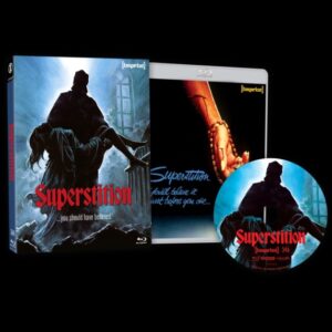 Cover art for a Blu-ray of the film "Superstition," featuring a cloaked figure holding a woman. The set includes a case, inner cover, and disc, each showing the same imagery and title graphics.