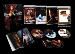 Box set of Roman Polanski films with DVDs, Blu-ray cases for "Bitter Moon," "Death and the Maiden," "The Ninth Gate," and "Roman Polanski: Wanted and Desired," and a booklet on a black background.