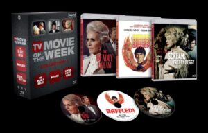 Collection of three thriller movie DVDs and their respective discs: 'The Deadly Dream,' 'Baffled!,' and 'Scream, Pretty Peggy.' Boxed set labeled 'TV Movie of the Week Collection 1.'.