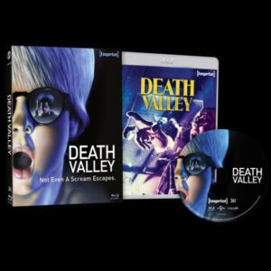 Blu-ray cover and disc for the movie "Death Valley." The cover features a child wearing sunglasses reflecting a scene and the tagline "Not Even A Scream Escapes." The Blu-ray case is partially open.
